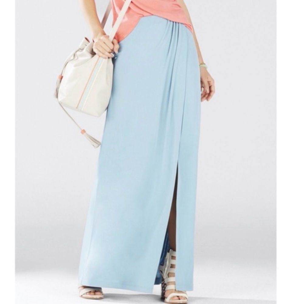 BCBGMAXAZRIA ANDREEA Blue Breeze Maxi Wrap Skirt Stretch Waist & Slit Size Small